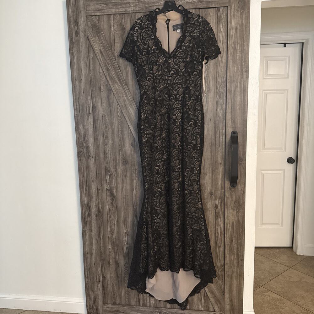 Vintage Rose Taft Couture Black Paisley Lace High-Low Evening Gown Dress M